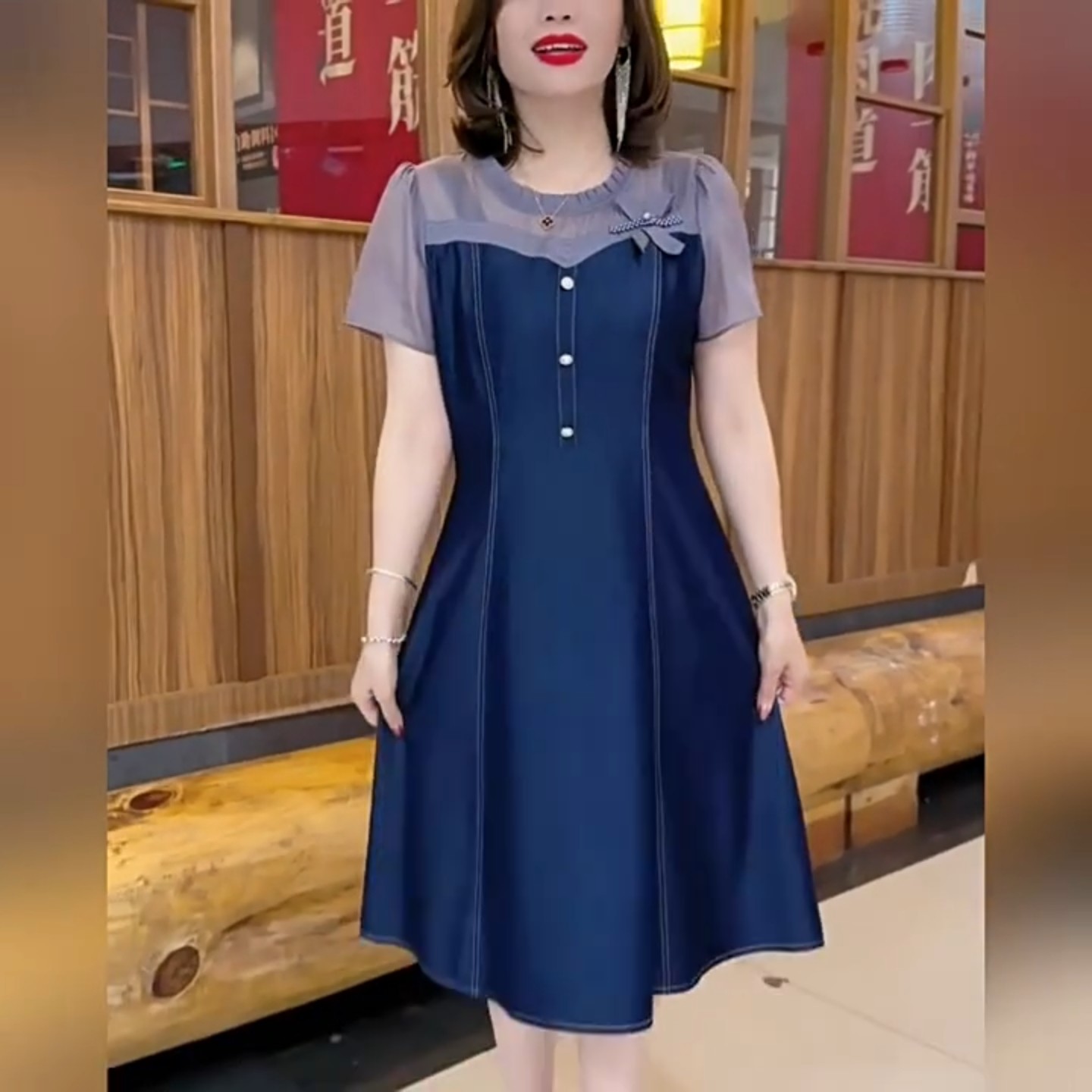 ĐẦM JEAN DENIM HÀN QUỐC PHỐI VOAN ÁNH KIM CAO CẤP - MS1990