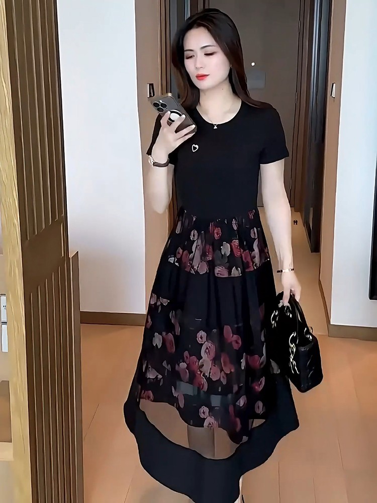 ĐẦM LIỀN THÂN CỔ TRÒN PHỐI HỌA TIẾT PHỦ LỚP LƯỚI CÁCH ĐIỆU SANG TRỌNG - MS1986