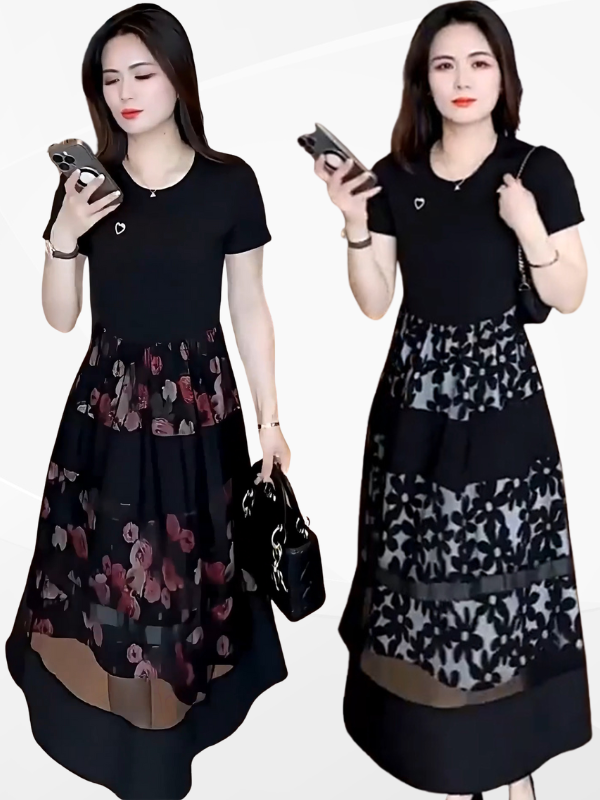 ĐẦM LIỀN THÂN CỔ TRÒN PHỐI HỌA TIẾT PHỦ LỚP LƯỚI CÁCH ĐIỆU SANG TRỌNG - MS1986