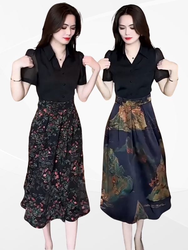 Đầm Dự Tiệc Cổ Sơ Mi Phối Tùng Dài Họa Tiết - MS1975