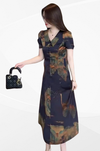 ĐẦM SUÔNG CỔ SƠ MI PHỐI HỌA TIẾT SANG TRỌNG - MS1985