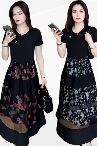 ĐẦM LIỀN THÂN CỔ TRÒN PHỐI HỌA TIẾT PHỦ LỚP LƯỚI CÁCH ĐIỆU SANG TRỌNG - MS1986