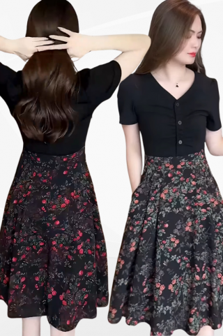 ĐẦM CỔ TIM PHỐI CHÂN VÁY XÒE HỌA TIẾT HOA - MS1971