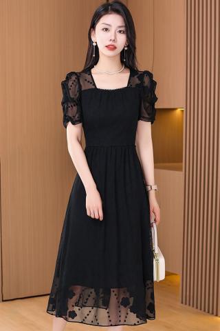 Đầm trung niên voan thêu họa tiết cổ phối hạt cườm sang trọng - MS1987